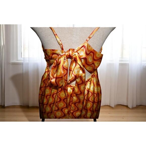 Blush & Stone 70s Swirl Satin Slip Dress – Size Large – Retro Floral Tie-Back - Picture 5 of 8